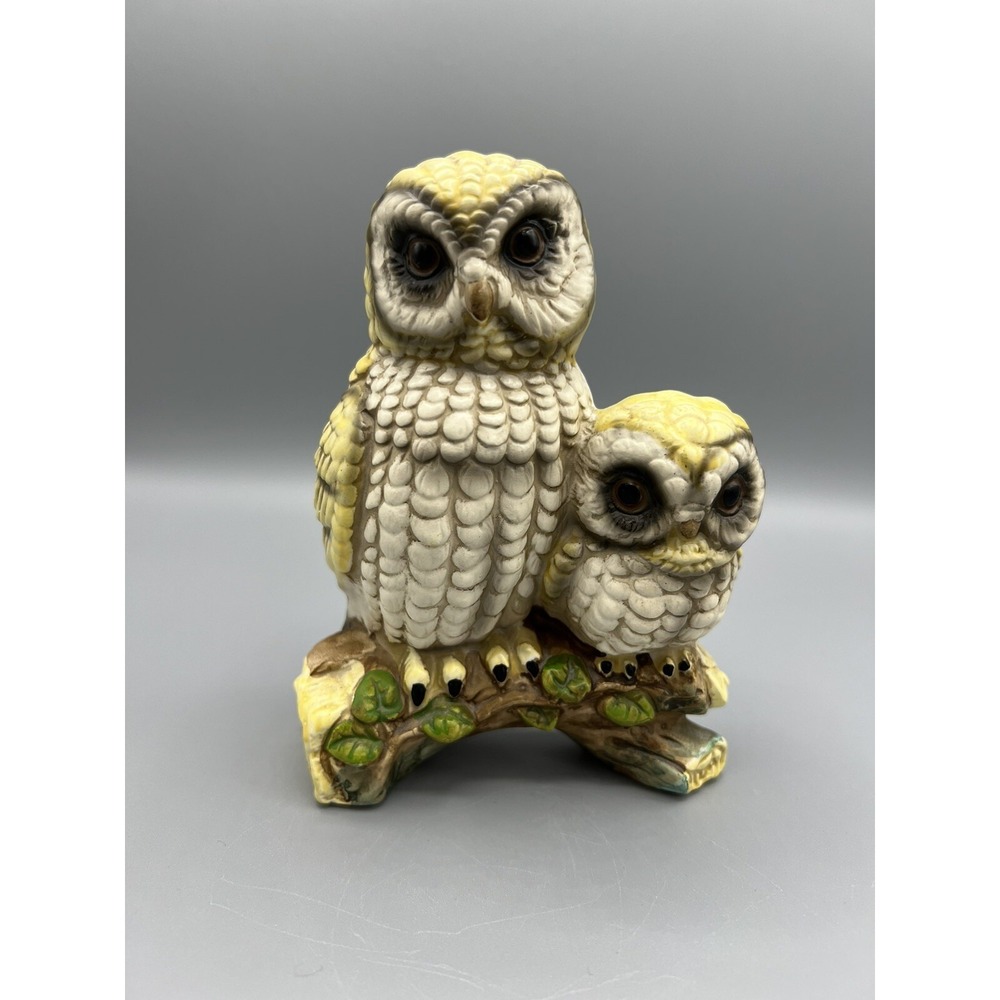 Vintage Ceramic Momma Owl & Baby Owlet on a Log, 6" tall, Hand Painted
